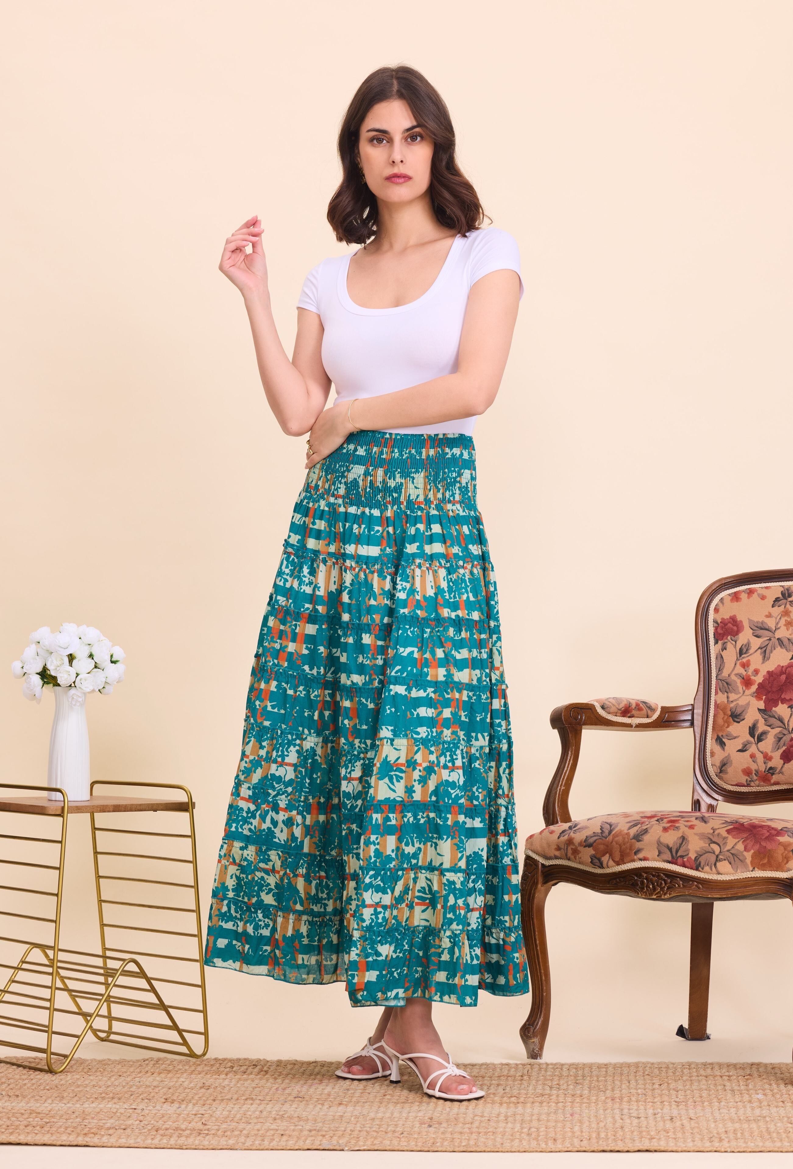 Long bohemian cotton smock skirt - Green
