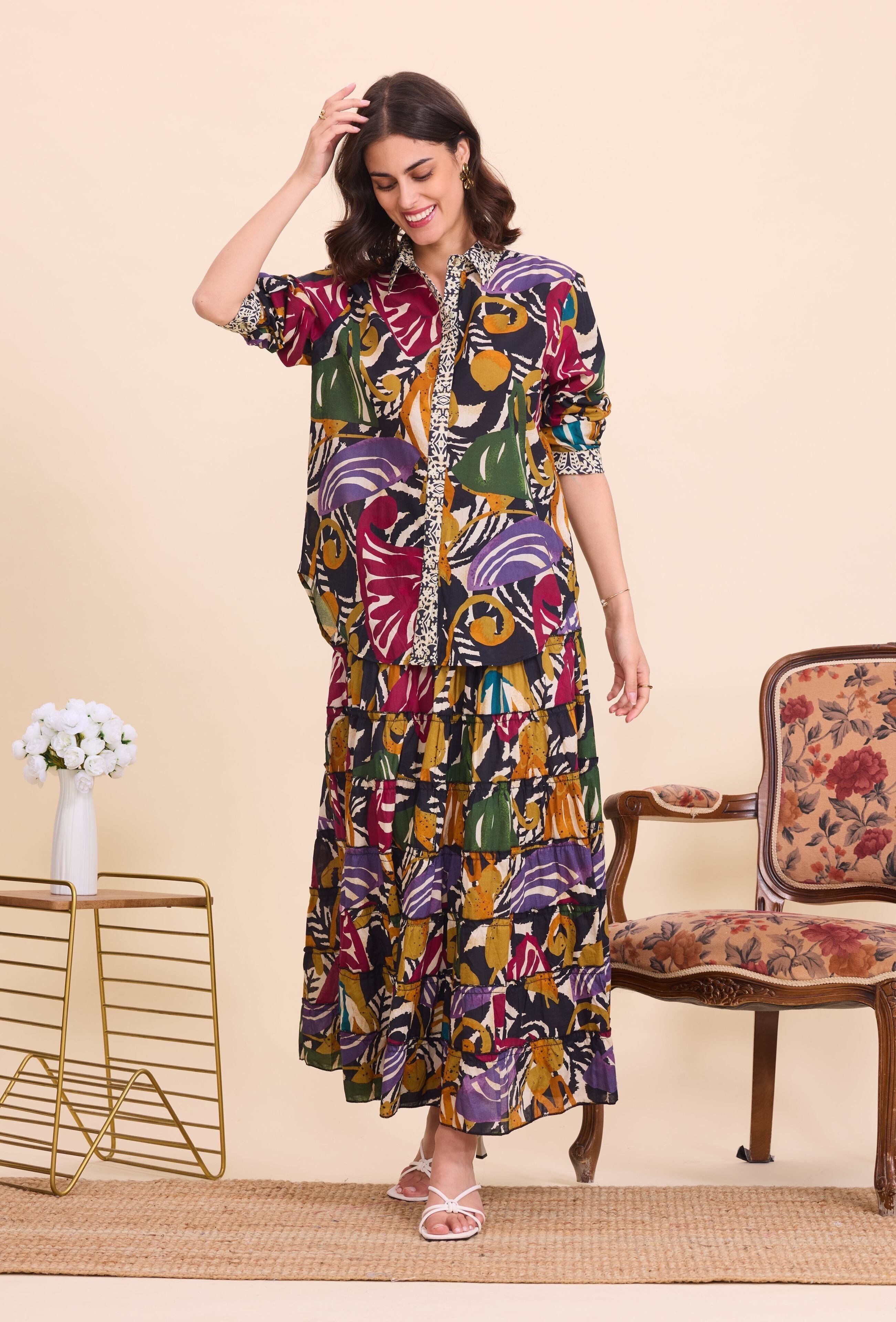 Long Bohemian Cotton Smock Skirt - Multicolor