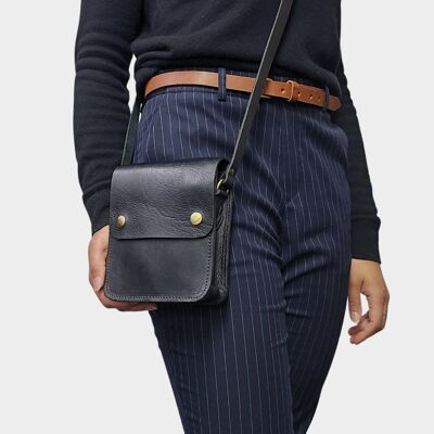 Black Small Leather Crossbody Bag with Pop Bag Closure
