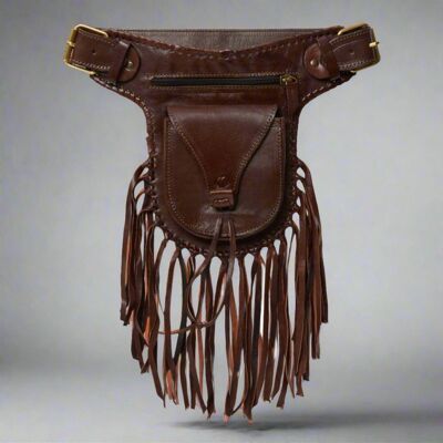 Sac banane en cuir marron foncé à pompons Navajo