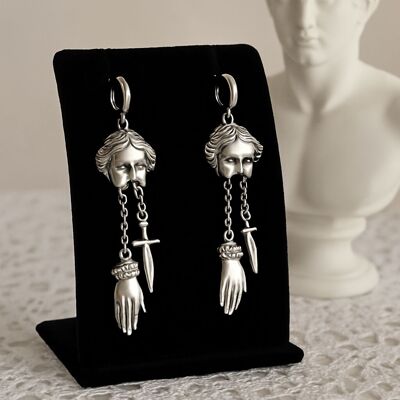Eclectic Silver Earrings with Roman Face