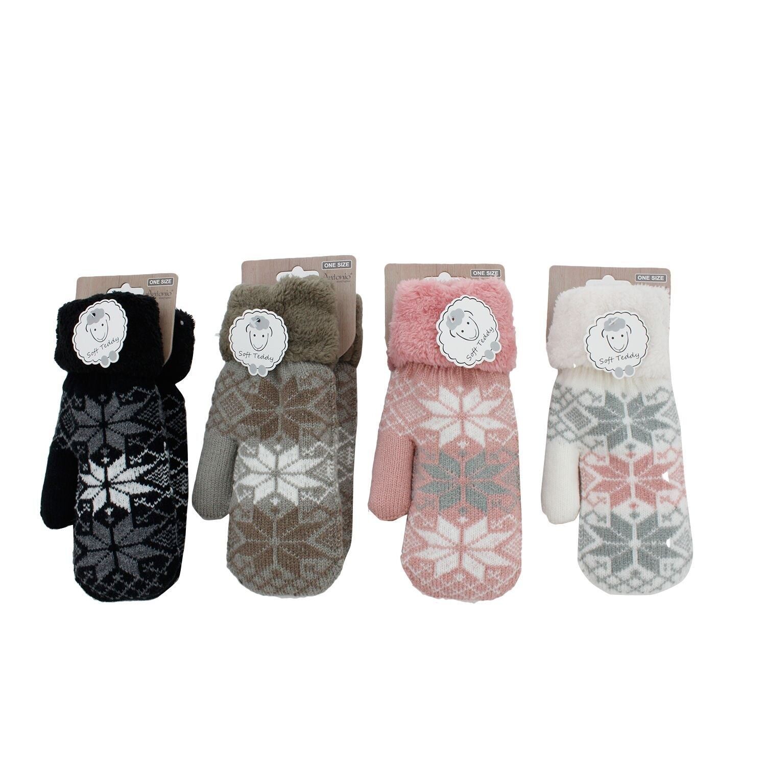 Damen Fäustlinge mit Teddy Futter » Winterhandschuhe gefüttert » Soft Teddy Handschuhe » Strickhandschuhe Norweger Stern