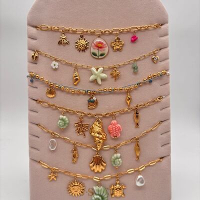 Set of 6 sea-themed necklaces in green and pink tones