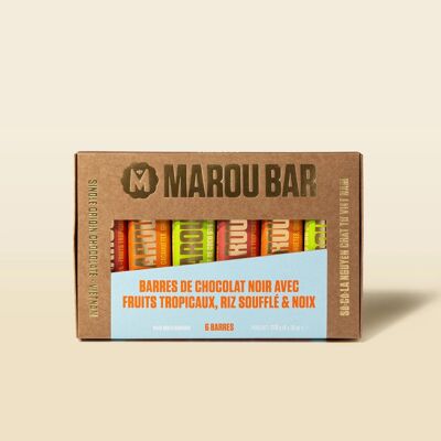 Scatola da 6 barrette di cioccolato fondente vietnamita – Frutta e noci – 30 g ciascuna