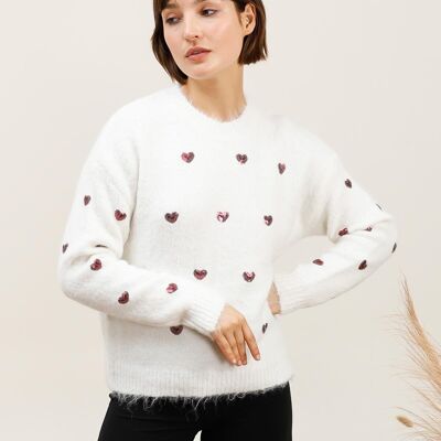 Pull Doux à Cœurs Pailletés – Esprit Féminin et Détails Scintillants