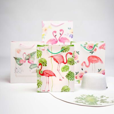 Sacs cadeaux à imprimé floral et flamant rose - Lot de 4 (tailles disponibles)