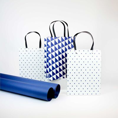 Eleganti sacchetti regalo con motivo geometrico - Set da 3, blu e bianco