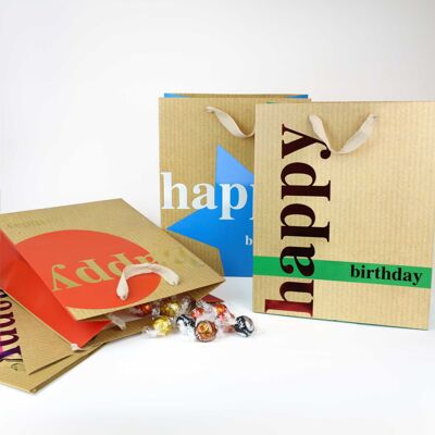 Sacs cadeaux de luxe « Joyeux anniversaire » – Lot de 4 couleurs assorties (tailles disponibles)
