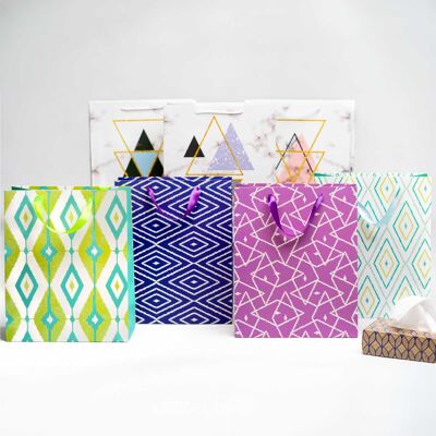 Sacs-cadeaux à motifs géométriques vibrants - Lot de 4, modèles assortis, tailles disponibles