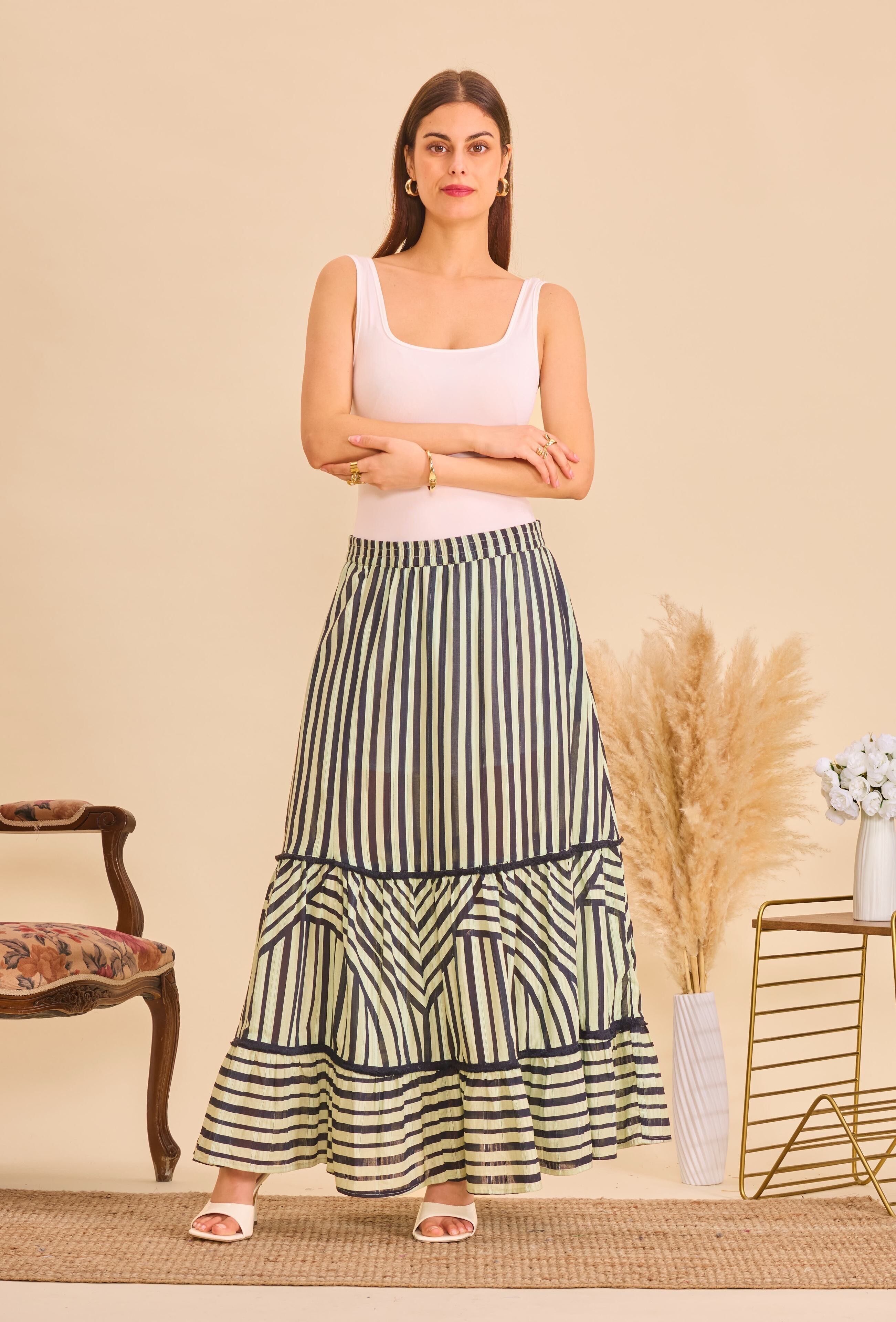 Long bohemian cotton skirt - Black striped