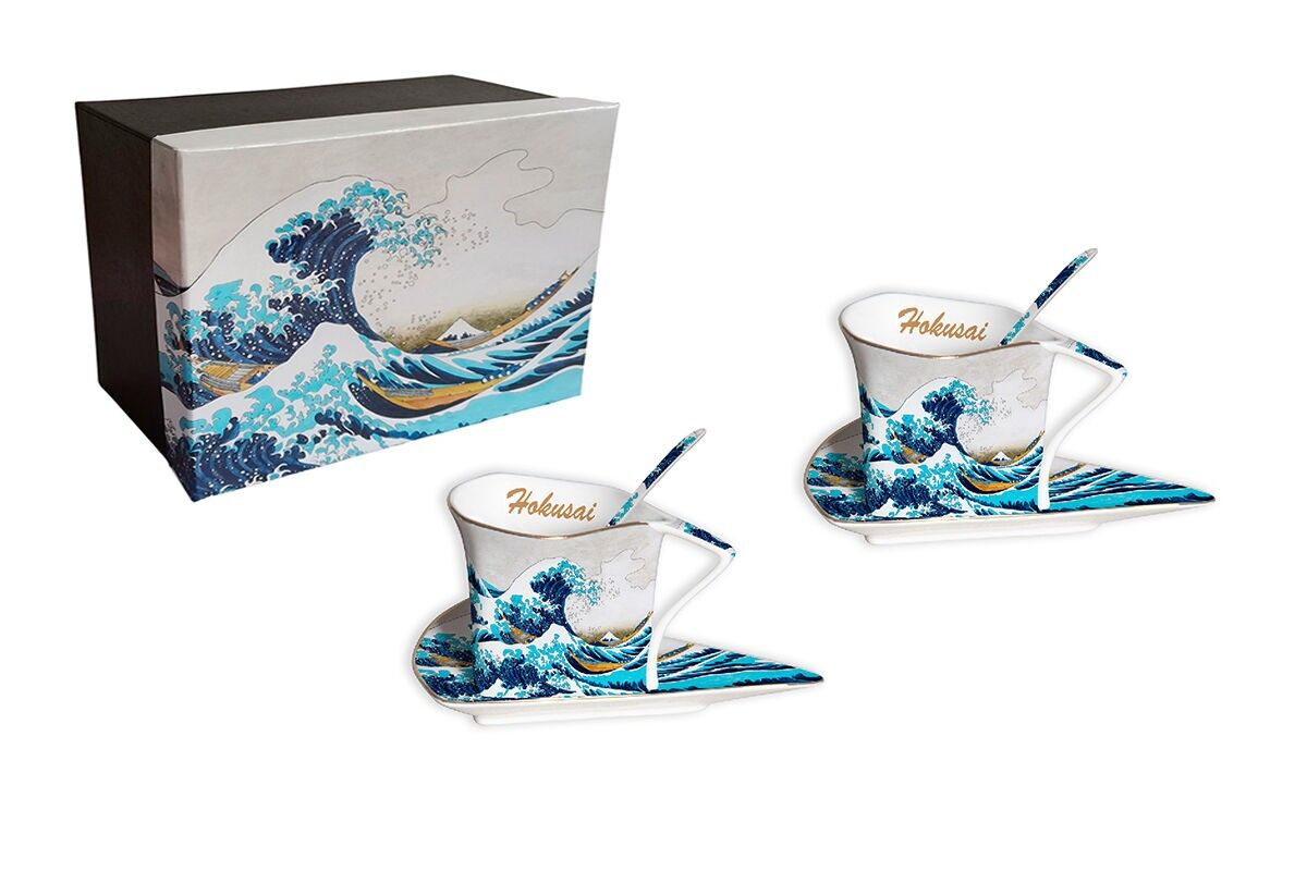 SET DI 2 TAZZE 180 ML + PIATTINI + CUCCHIAI IN PORCELLANA – L'ONDA, HOKUSAI