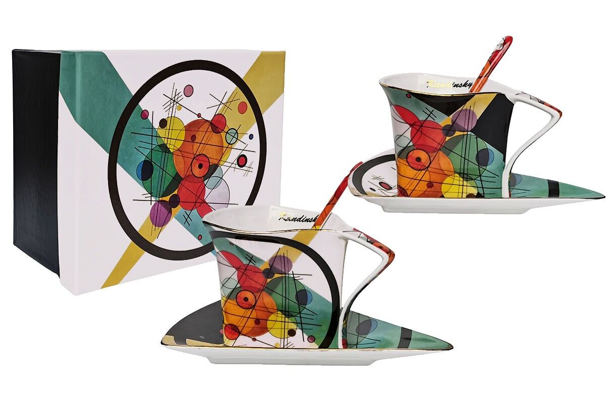 SET DI 2 TAZZE IN PORCELLANA + PIATTINI + CUCCHIAI – CERCHI, KANDINSKY