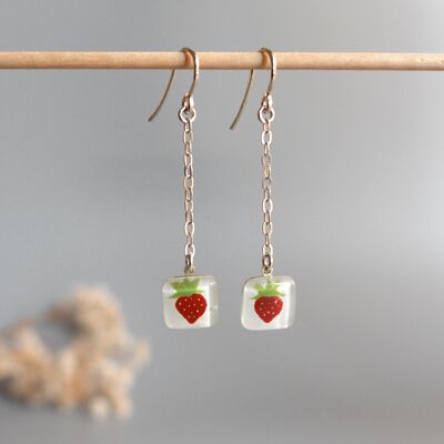 Pendientes largos Fresa, Vidrio pintado a mano y plata de ley 925
