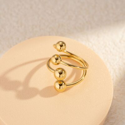 Bague acier inoxydable ajustable moderne boules rondes alignées dorée