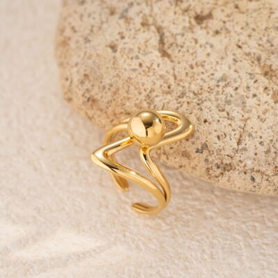 Bague ondulée ajustable acier inoxydable dorée boule centrale moderne