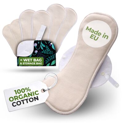 Serviettes hygiéniques réutilisables en coton biologique avec ailes (tailles S, M, L, XL) - Naturelles non blanchies (ailes blanches)