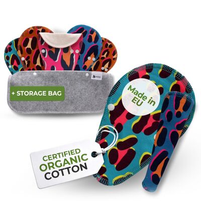Panty Liners TANGA reutilizables de algodón orgánico con alas, paquete de 7 - Cheetah (alas blancas)