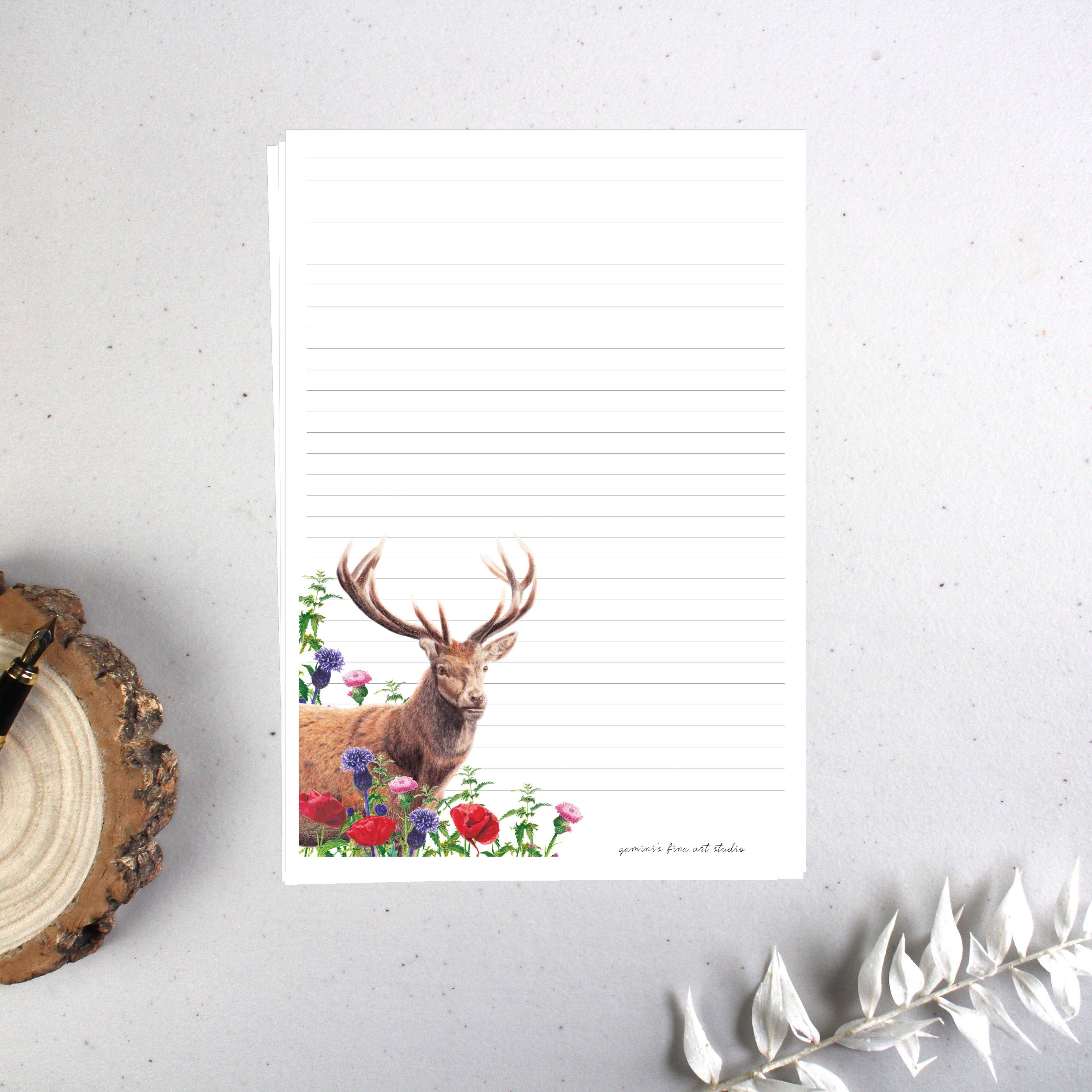 Feuilles de papier à lettres de luxe A5 – Cerf des champs de coquelicots, 10 feuilles