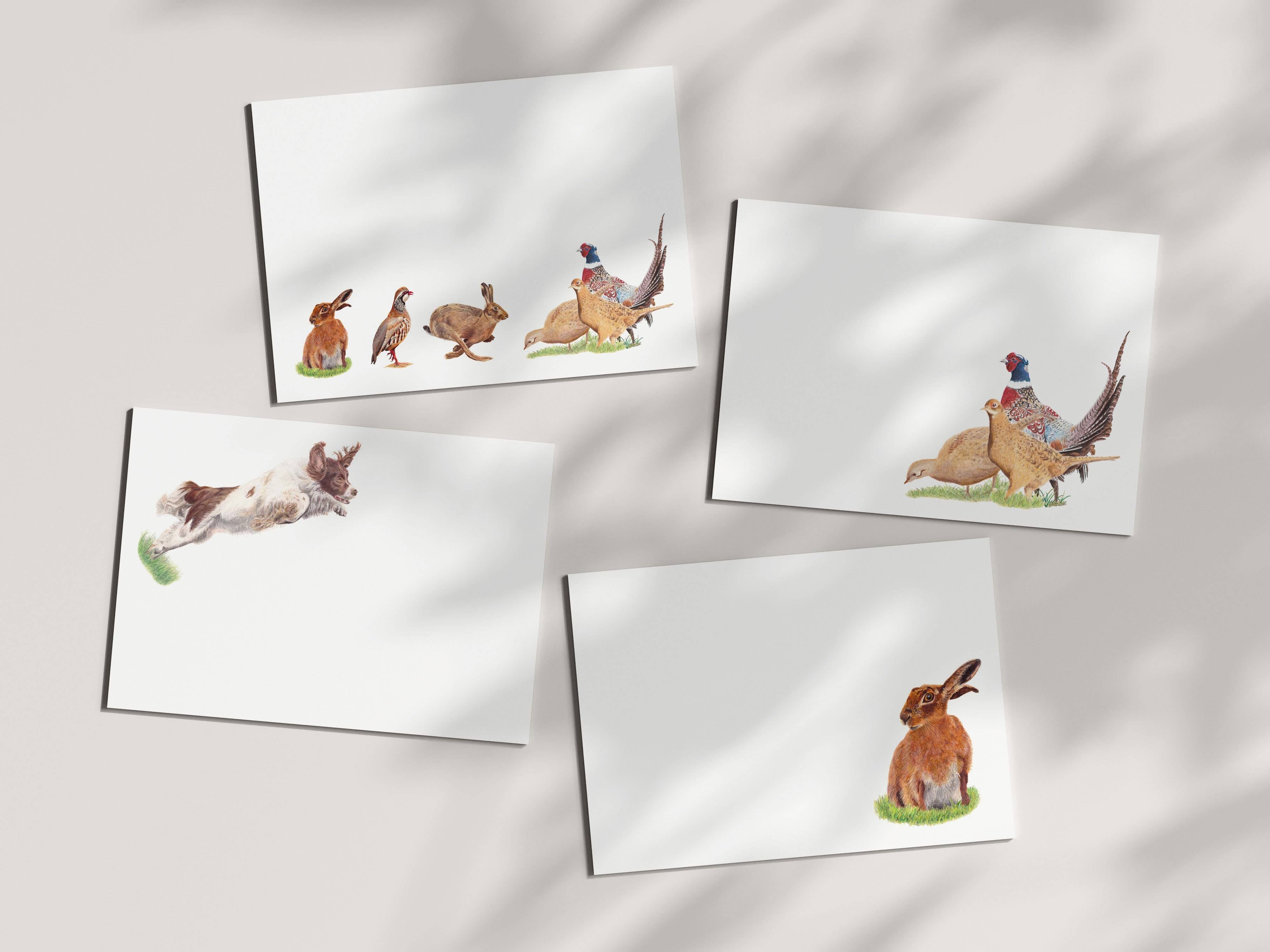 Country Game Notizkarten | Tischkarten - 4 Designs | Fasan | Hase | Hund | Schreibset