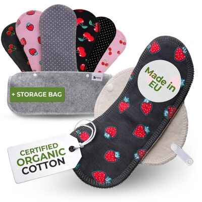 Protège-slips réutilisables en coton biologique avec ailes, lot de 7 (pertes abondantes) - Fruité (ailes blanches)