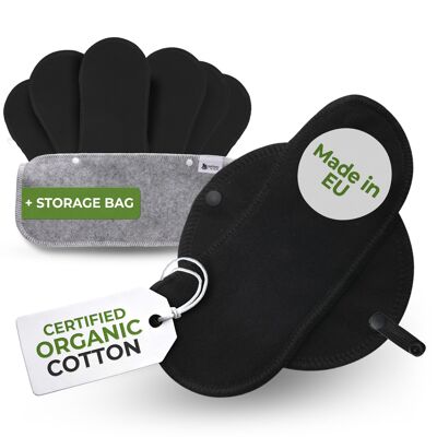 Protège-slips réutilisables en coton biologique avec ailes, lot de 7 (pertes normales) - Noir uni (ailes noires)