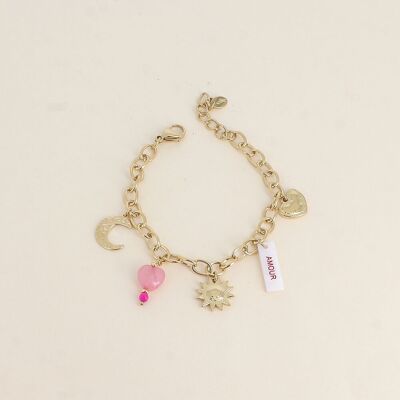 Pulsera con placa de nácar con inscripción de esmalte "LOVE", sol, luna y corazones.