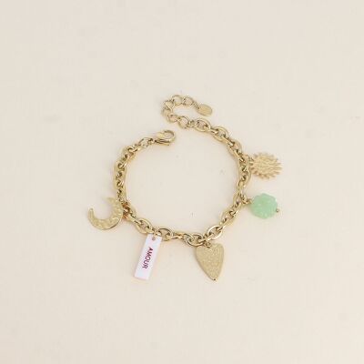 Bracelet - plaquette nacrée avec inscritpion "AMOUR" en émail, soleil, lune, coeur, trèfle