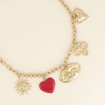 Collana - sole, trifoglio, cuore in resina, bocca e cuore strutturato