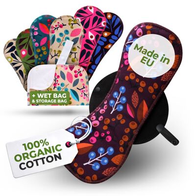 Assorbenti mestruali riutilizzabili in cotone biologico con ali, confezione multipla (taglie S, M, L, XL) - Uva e pavone (ali nere)