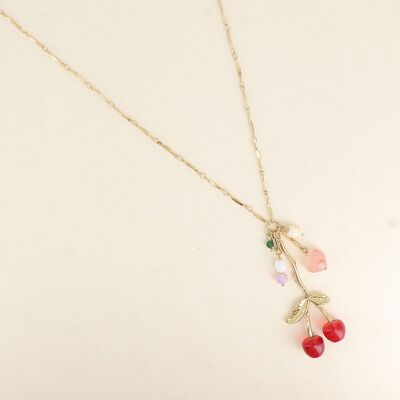 Y necklace - hearts, cherry, flower and pearls