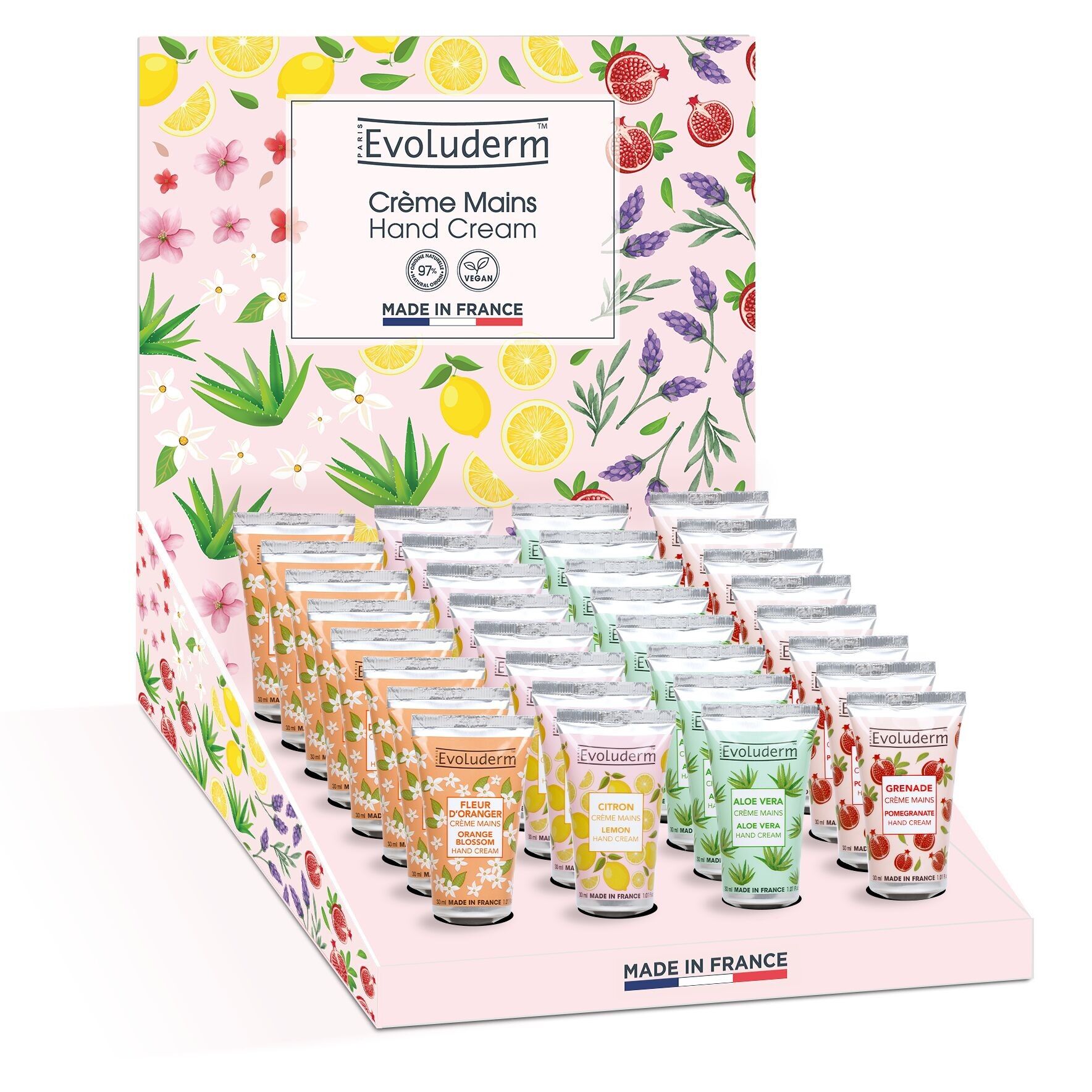 Expositor de Cremas de Manos Gourmet - 24 Cremas de Manos de 30 ml + 1 Expositor - Paseo de Verano