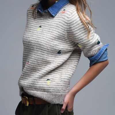Maglione ricamato a maniche corte a righe beige