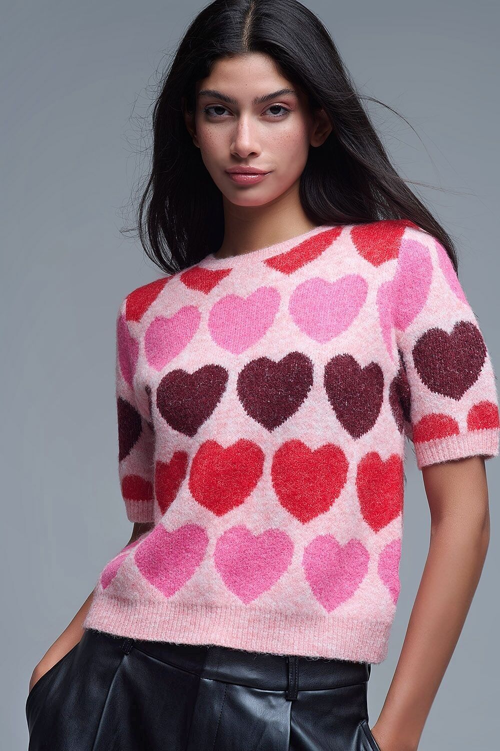 Maglione a maniche corte con stampa a cuore in rosa