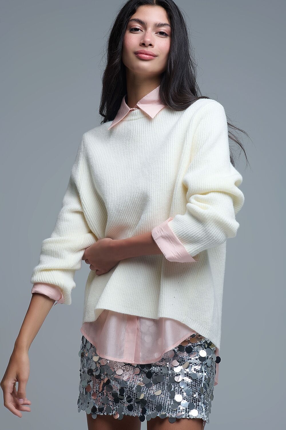 Maglione lavorato a maglia a coste comodo color crema