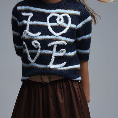 Pull brodé à manches courtes Love bleu marine