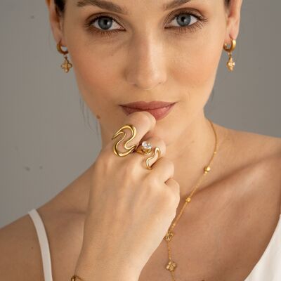 Trendy adjustable gold stainless steel wavy wave ring