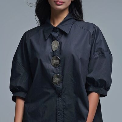 Camicia in popeline con maniche a 3/4 e bottoni, comoda, nera