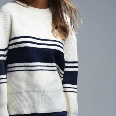 Ribbed Cream Sweater With Navy Chest Stripes