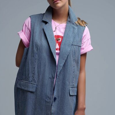 Shawl Collar Long Striped Vest in Blue and White