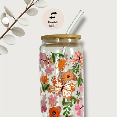 Gobelet en verre imprimé recto verso avec couvercle et paille Motif Jardin de Papillons