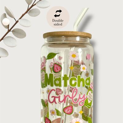 Matcha Girly Glass Tumbler Double-Sided Print with Lid and Straw