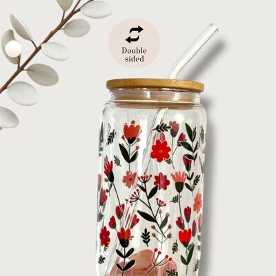 Tasse en verre avec motif de jardin de fleurs rouges, imprimée recto verso, avec couvercle et paille