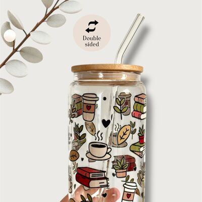 Bicchiere in vetro con stampa fronte-retro "Libri e caffè" con coperchio e cannuccia