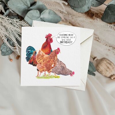 Tarjeta de felicitación de cumpleaños con gallinas cacareando