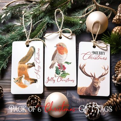 Lot de 6 étiquettes cadeaux de Noël : Rouge-gorge | Renard | Cerf | Noël