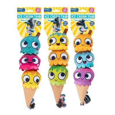 Juguete de peluche para perros Ice Cream Trio con cuerda para chirriar y tirar
