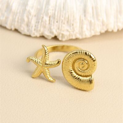 Anillo de estrella de mar y concha – Acero inoxidable chapado en oro