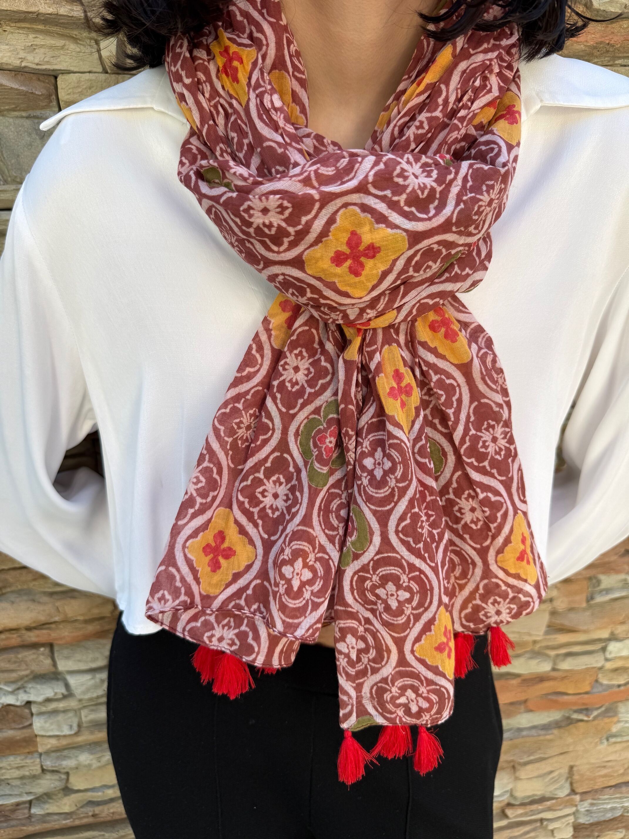 Bufanda de algodón con estampado de bloques para mujer