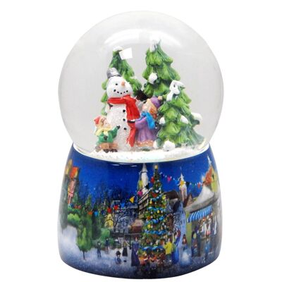 Boule à neige nostalgique avec des enfants construisant un bonhomme de neige avec boîte à musique - 100 mm de diamètre
