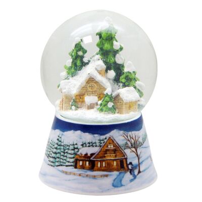Boule à neige cabane magique cabane de montagne sur socle paysage hivernal bleu moyen avec boîte à musique 10 cm de diamètre